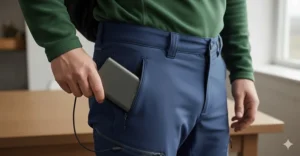 A compact rechargeable power bank tucked into the dedicated pocket of a pair of heated walking trousers.