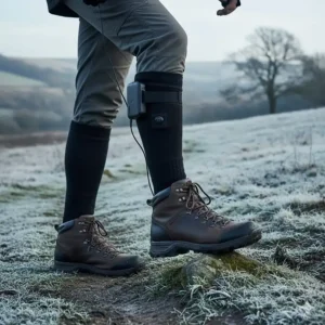 Battery-powered heated socks worn with sturdy leather walking boots for hiking in the British countryside.