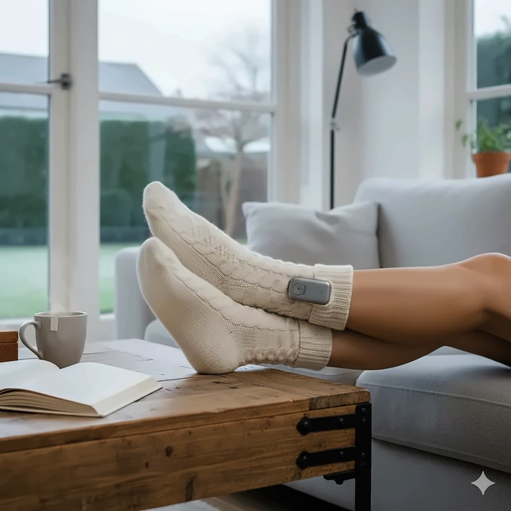 A person wearing thick cable-knit battery heated socks while relaxing in a modern British living room, highlighting winter warmth and comfort. battery heated socks UK