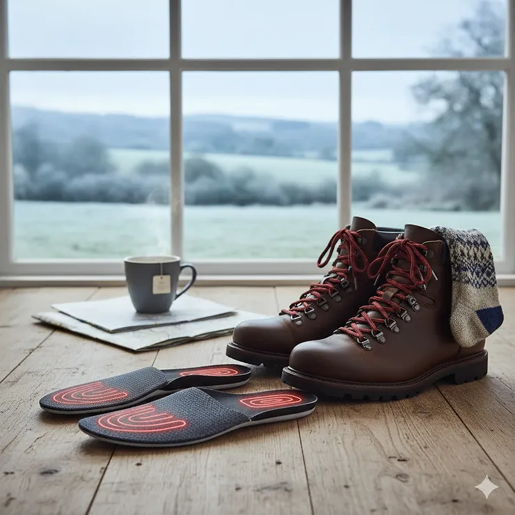 A pair of high-quality heated insoles for winter placed next to leather walking boots and a cup of tea on a wooden floor. heated insoles for winter