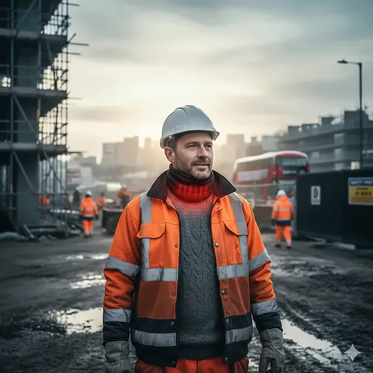 A professional male tradesperson on a cold, misty UK construction site wearing a high-visibility jacket and a modern battery-powered heated neck warmer with a visible warming glow. heated neck warmer for outdoor work