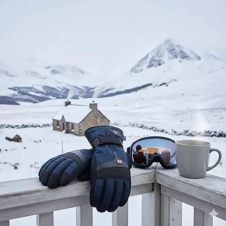 A pair of premium battery-operated heated ski gloves resting on a wooden balcony with a snowy Scottish Highland mountain range and a traditional stone cottage in the background. heated ski gloves reviews