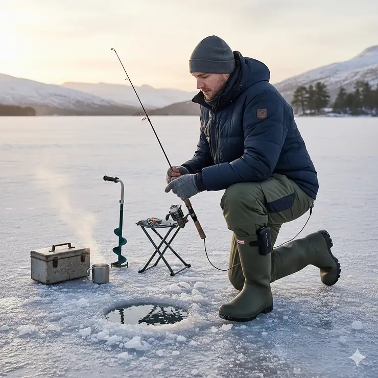 A person wearing battery-powered heated socks while preparing a fishing rod on a frozen lake, highlighting essential ice fishing gear. heated socks for ice fishing