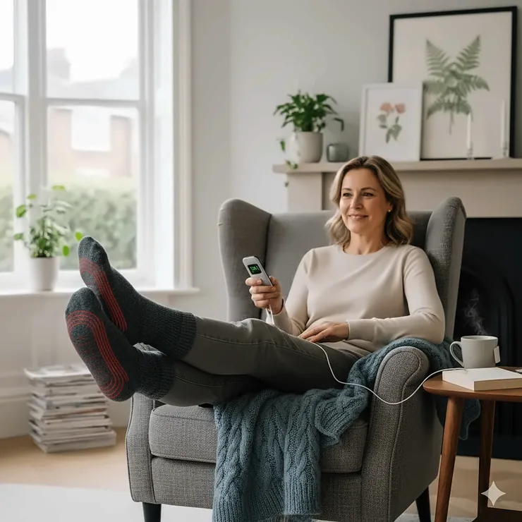 A person wearing thick rechargeable heated socks while relaxing in a living room, highlighting the best heated socks for poor circulation for UK winter comfort. best heated socks for poor circulation