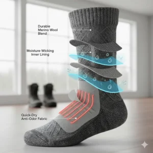 A graphic demonstrating the moisture-wicking layers of a heated sock to keep feet dry and warm.