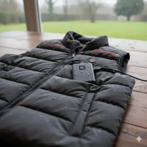 Close-up of a budget-friendly heated gilet with a USB power bank, ideal for damp UK winter days.