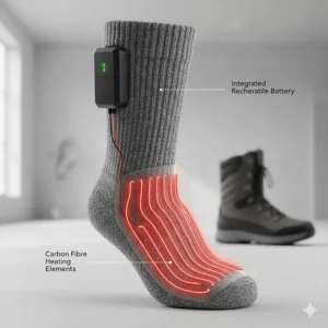 An illustration showing the placement of carbon fibre heating elements around the toes and soles of the socks.