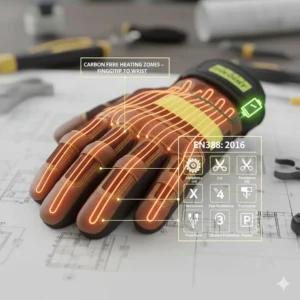 Technical overlay showing carbon fibre heating zones extending from the fingertips to the wrist of a safety glove.
