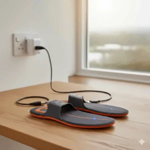 Alt text for image 7: Dual USB cable charging a pair of electric heated insoles from a UK 3-pin wall socket.