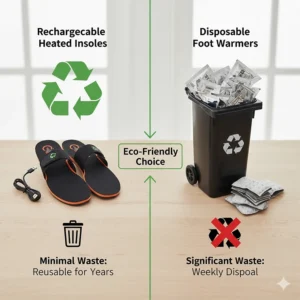 Alt text for image 3: Illustration comparing the environmental waste of single-use disposable pads versus eco-friendly rechargeable electric insoles.