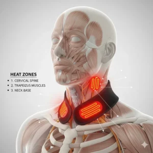 An anatomical diagram of a person's neck and shoulders showing the targeted heat zones of the warmer focusing on the cervical spine and trapezius muscles.