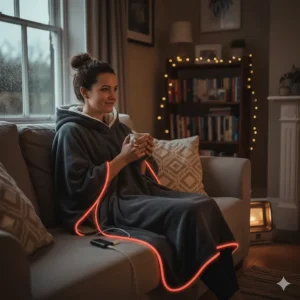 A person relaxing at home in a heated poncho, highlighting energy-saving ways to stay warm without turning up the central heating.
