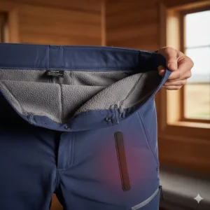 Interior view of heated walking trousers showing the soft-touch fleece lining and integrated heating wires.