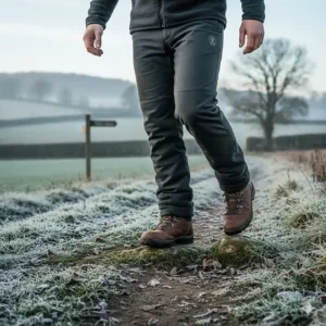 Thick fleece-lined trousers and walking boots on a frosty path, a non-electric affordable alternative for winter warmth.