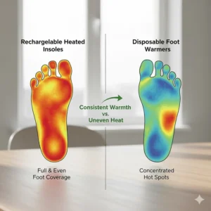 Alt text for image 8: Thermal diagram showing consistent heat coverage from rechargeable insoles versus concentrated heat spots from disposable pads.