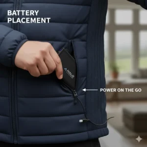 A close-up shot of a slimline rechargeable battery pack being tucked into a dedicated internal pocket of a heated garment.