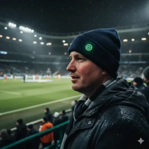 A fan wearing a navy heated beanie hat while watching a football match on a cold evening.