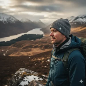 A hiker wearing a grey heated beanie hat while hill walking in the Scottish Highlands.