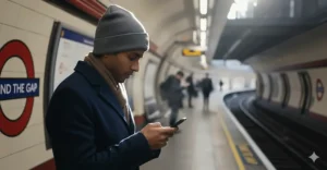 A commuter waiting at a train station wearing a stylish knitted heated beanie hat to stay warm.