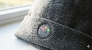 Illustration showing the three adjustable heat settings on a heated beanie hat LED button.
