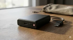 Close-up of the slimline USB rechargeable battery pack for a heated beanie hat.