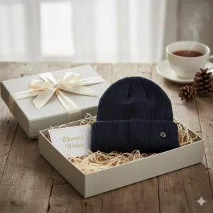 A heated beanie hat presented in a gift box, ideal for UK Christmas or birthday presents.