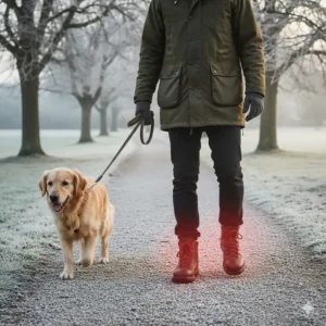 A person wearing heated insoles for winter while walking through a frosty British park in the morning.