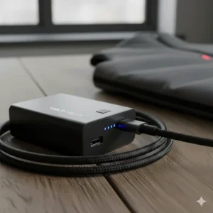 A compact black lithium-ion battery pack with a braided USB charging cable resting on a wooden surface next to a folded heated garment.