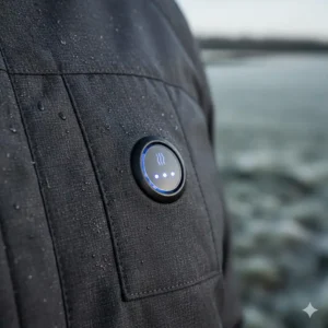Close-up of a circular LED heat controller button on the chest of a water-resistant heated jacket, showing three blue light temperature settings.