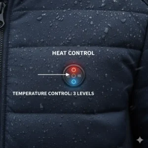 A close-up of the LED control button on a heated garment showing the different colour-coded heat intensity settings.