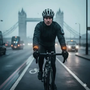 A cyclist using heated glove liners for a cold morning commute in London with Tower Bridge in the background.