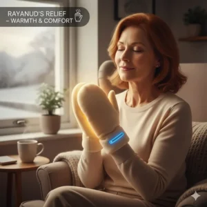 A woman finding relief from Raynaud's symptoms by wearing soft heated mittens inside her home.