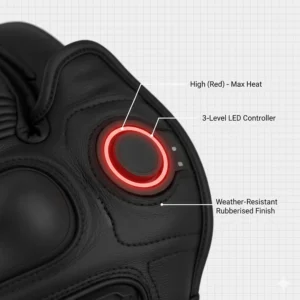 Hard-shell knuckle armour and palm sliders on a pair of heated motorcycle gloves designed for safety and impact protection.
