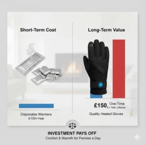 A price comparison chart showing the long-term value of quality heated gloves over disposable hand warmers.