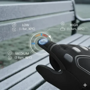 A close-up of a heated glove showing a digital interface for low, medium, and high temperature settings.