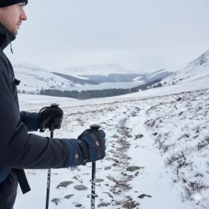 A person using heated gloves while hiking in the Lake District during winter, showing the product's versatility for hill walking and outdoor activities.