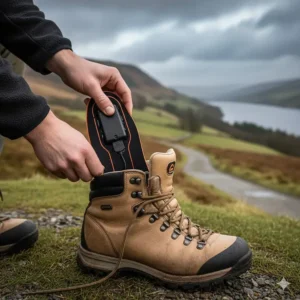 Alt text for image 5: Close-up of rechargeable heated insoles being inserted into leather hiking boots for a winter walk in the Lake District.