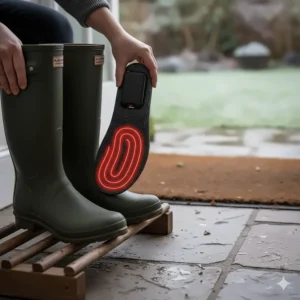Heated insoles for winter being inserted into green Wellington boots for damp UK weather.