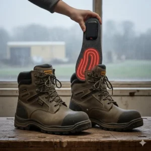 Durable heated insoles for winter placed inside heavy-duty safety boots for outdoor construction work.