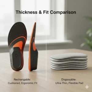 Alt text for image 6: Side-by-side view showing the slim profile of disposable warmers versus the slightly thicker cushioned rechargeable heated insole.