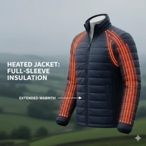A photorealistic illustration highlighting the integrated heating elements that extend down the sleeves of a full heated jacket.