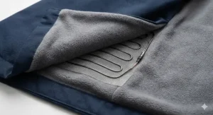 Technical close-up of a heated jacket's interior showing flexible carbon fibre heating filaments woven into a breathable thermal fleece lining.