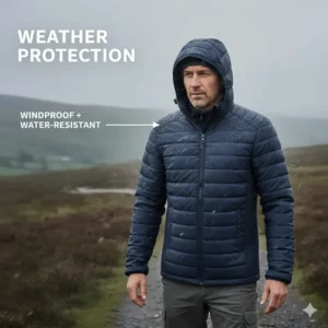 A heated jacket providing protection against wind and light rain during a hike in the damp UK countryside.