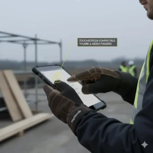 A worker on a UK building site using a tablet with touchscreen-compatible fingertips on his heated work gloves.