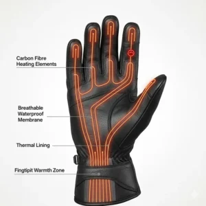 Close-up of a slimline rechargeable battery pack tucked into the gauntlet cuff of a leather motorbike glove.