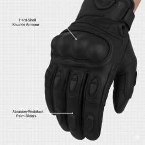 A rider using a smartphone sat nav with the touchscreen-compatible fingertips of a heated motorcycle glove.