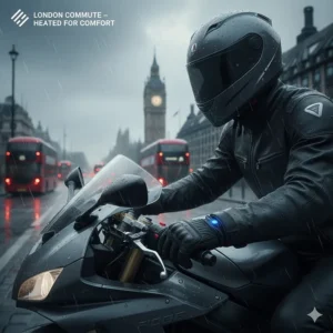 A motorcyclist wearing heated gloves while commuting on a rainy London street past red double-decker buses.