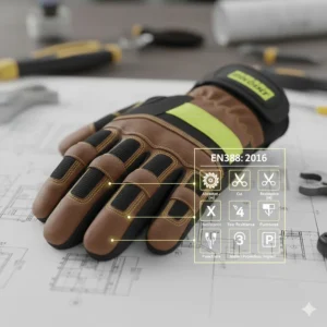 Technical diagram showing the EN388 safety ratings for abrasion and tear resistance on leather heated construction gloves.