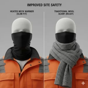 A side-by-side comparison of a mannequin wearing a streamlined, safe heated neck warmer versus a mannequin wearing a bulky, traditional woollen scarf.