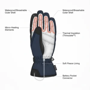 A detailed cross-section diagram showing the heating elements, thermal insulation layers, and waterproof breathable membrane of a heated ski glove.